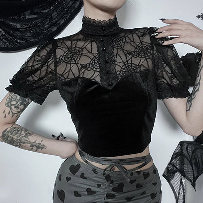 Gothic Sexy Lace Flared Black Velvet Aesthetic Vintage V-Neck Y2K Crop Top