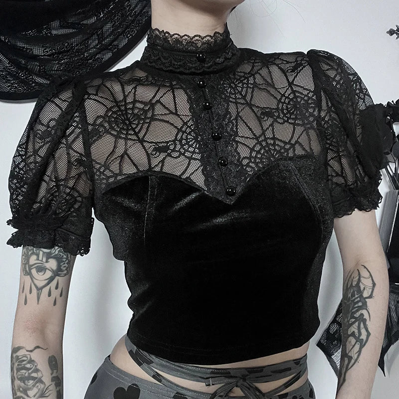 Women's Gothic Spider Web Lace Crop Top