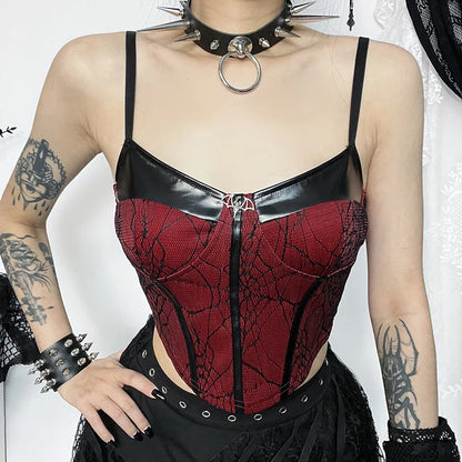 Gothic Sexy Slim Dark Temperament New Splicing Leather Edgy Crop Top