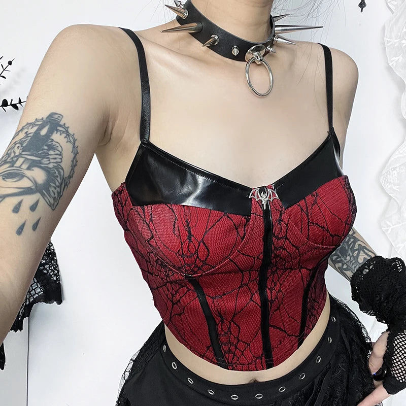 Gothic Sexy Slim Dark Temperament New Splicing Leather Edgy Crop Top