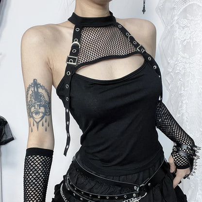 Gothic Slim Peplum Fishing Net Hanging Neck Crop Top