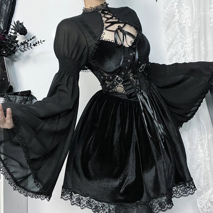 Trendy slim flare-design gothic dark bow-embellished lace party Cardigans