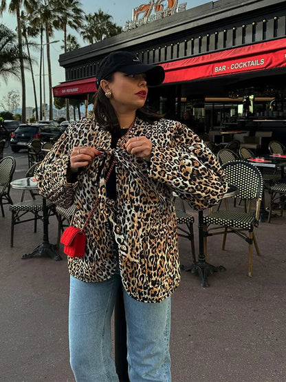 Leopard Print Lace Long Sleeved Quilted Casual Fashion Coats