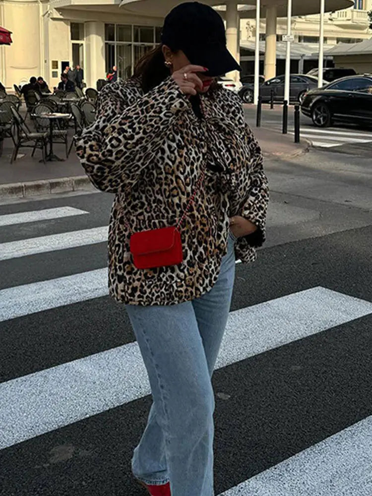 Leopard Print Lace Long Sleeved Quilted Casual Fashion Coats