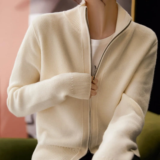 Fashionable Cozy Stylish Warm Elegant Pure Wool Long Sleeve Stand Collar Double Zipper Knit Sweater