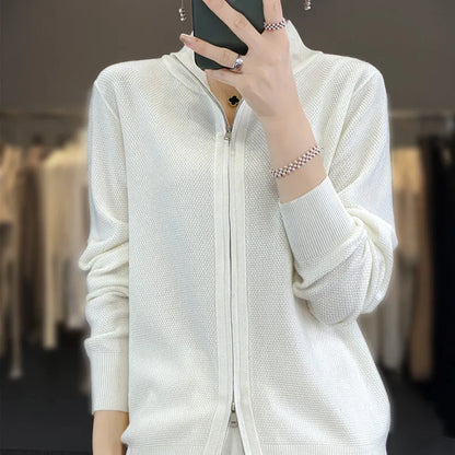 Fashionable Cozy Stylish Warm Elegant Pure Wool Long Sleeve Stand Collar Double Zipper Knit Sweater