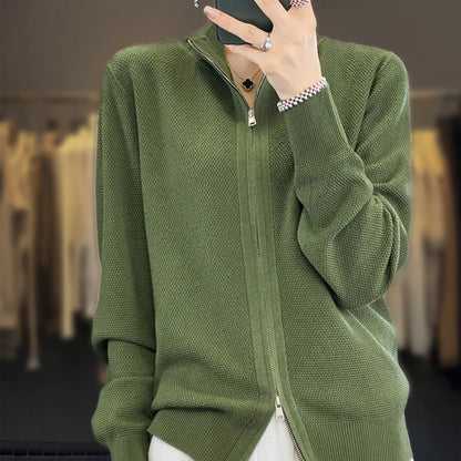 Fashionable Cozy Stylish Warm Elegant Pure Wool Long Sleeve Stand Collar Double Zipper Knit Sweater