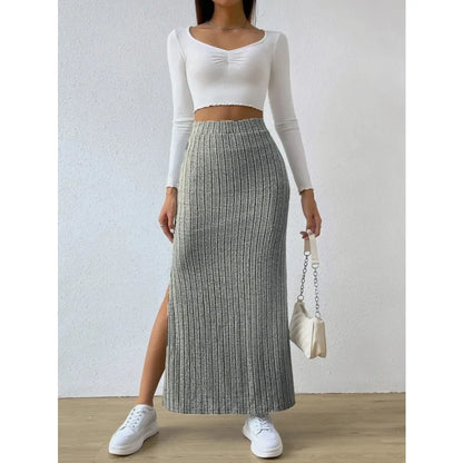 Spring Summer High Waist Side Split Knitted Skirt