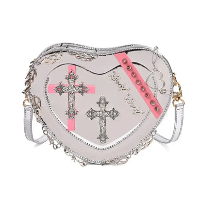 Heart-Shaped Metal Gothic Punk Shoulder Decoration Leather Crossbody Bag