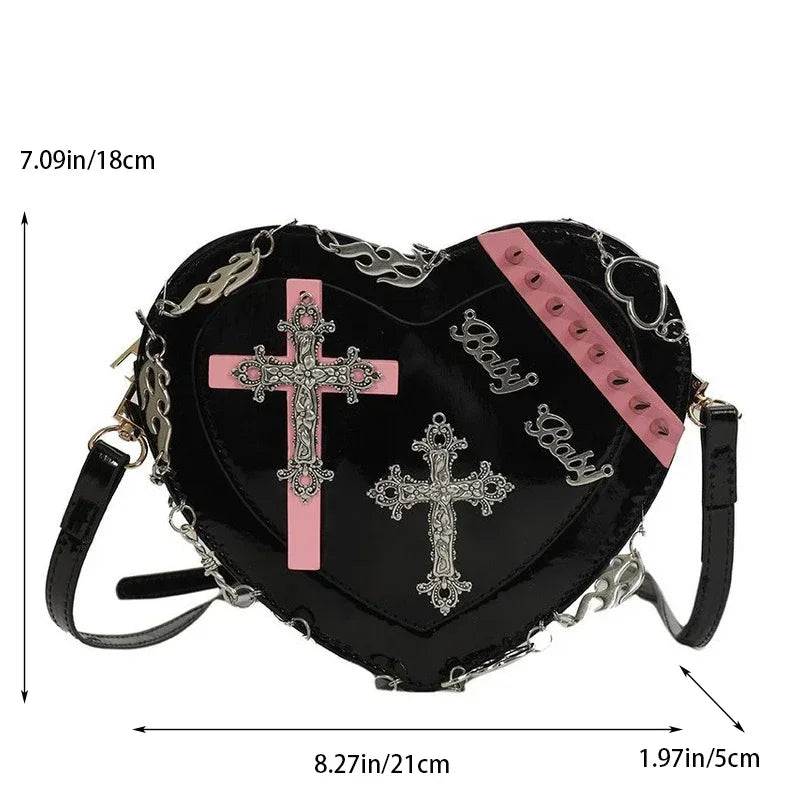 Heart-Shaped Metal Gothic Punk Shoulder Decoration Leather Crossbody Bag