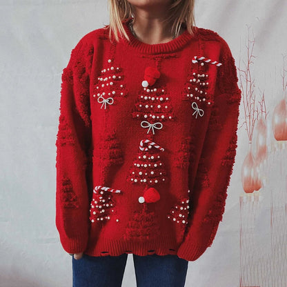 O-Neck Lantern Sleeve Loose Knitted Casual Christmas Sweater