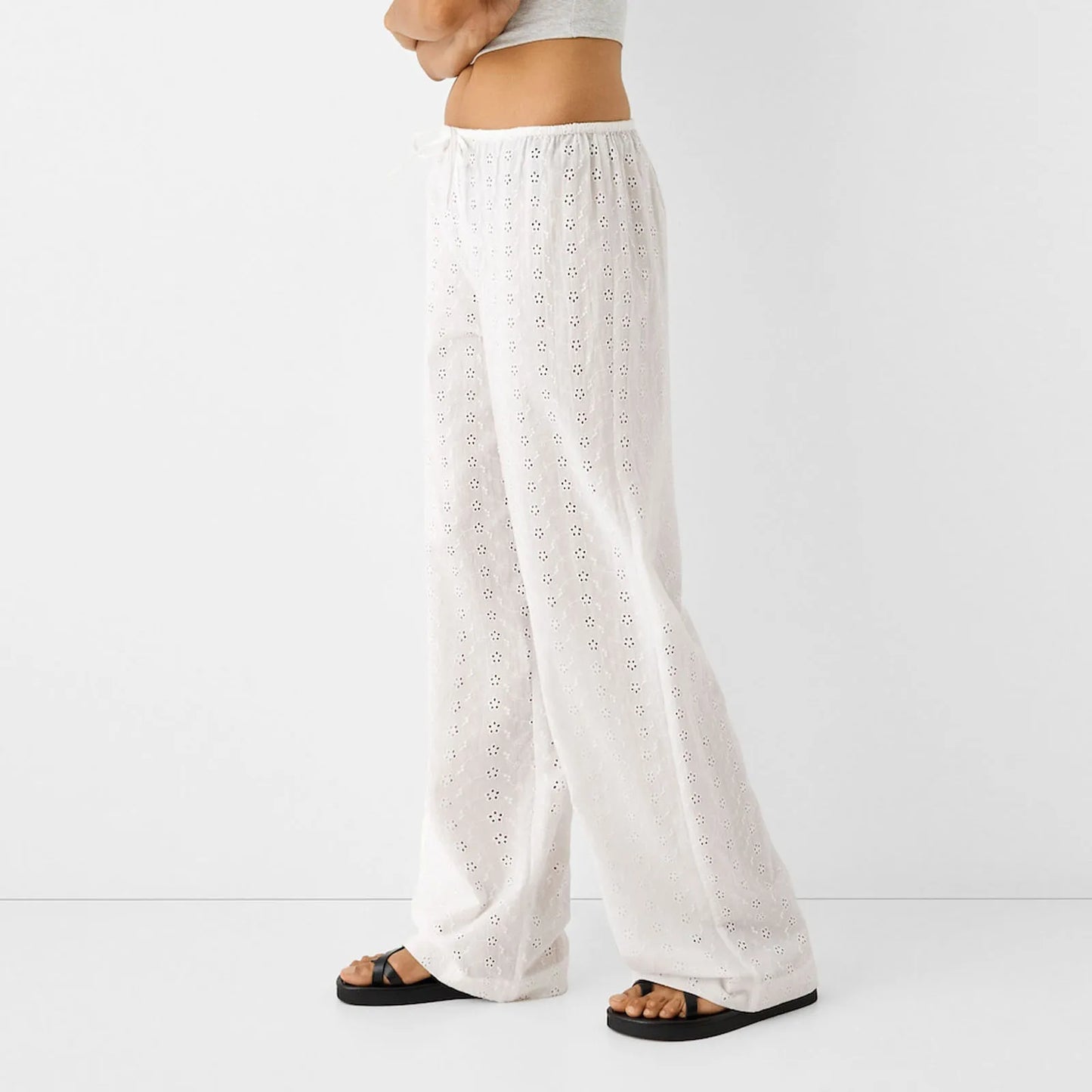 Eyelet Cute Flower Embroidered Casual Loose Wide Leg High Waist Palazzo Pants