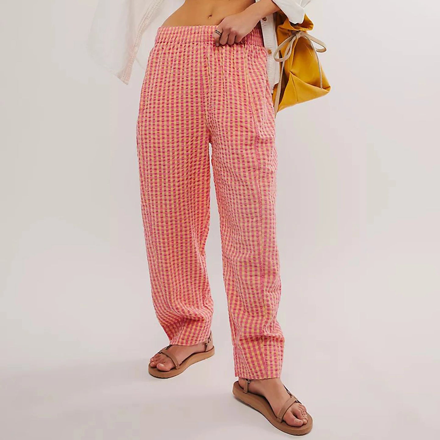 Gingham Wide Leg Plaid Drawstring Checked Loose Fit Casual Home Pants