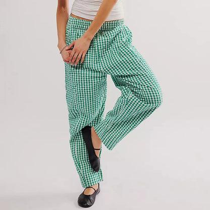 Gingham Wide Leg Plaid Drawstring Checked Loose Fit Casual Home Pants