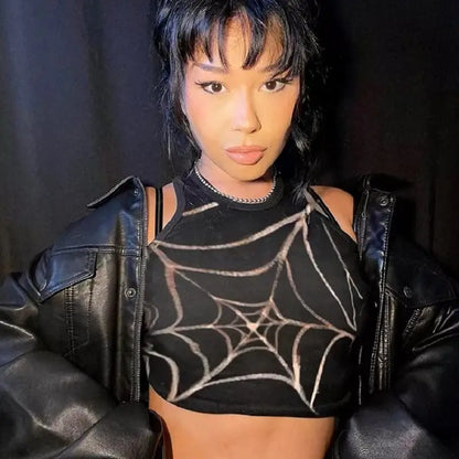 Dark Grunge Crop Spider Web Gothic Graphic Top