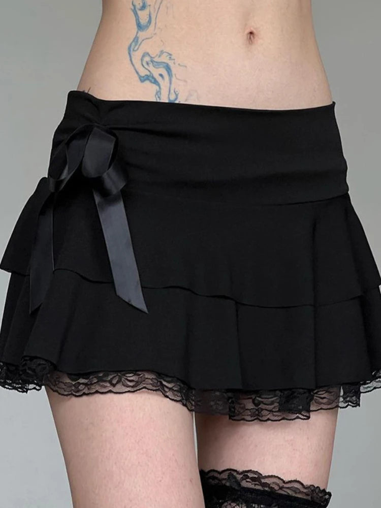 Y2K Bow Lace Trim A-Line Ruffles Low Waist Mini Skirt