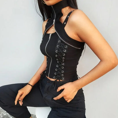 Gothic Spice Girls Dark Summer Fashion Rivet Patchwork Vest Crop Top