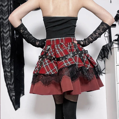 Y2k Harajuku Lace Cake Lolita Little Girls Pleated Gothic Sweet Kawaii Mini Plaid Skirt