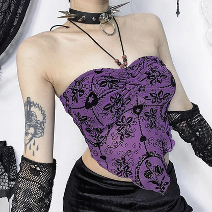 Gothic Halterneck Flocked Printed Backless Bandeau Crop Top