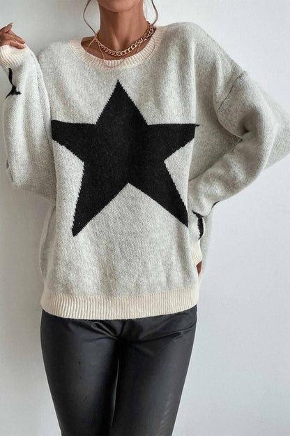 Crew Neck Star Long Sleeve Knitted Sweater