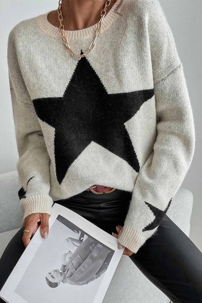 Crew Neck Star Long Sleeve Knitted Sweater