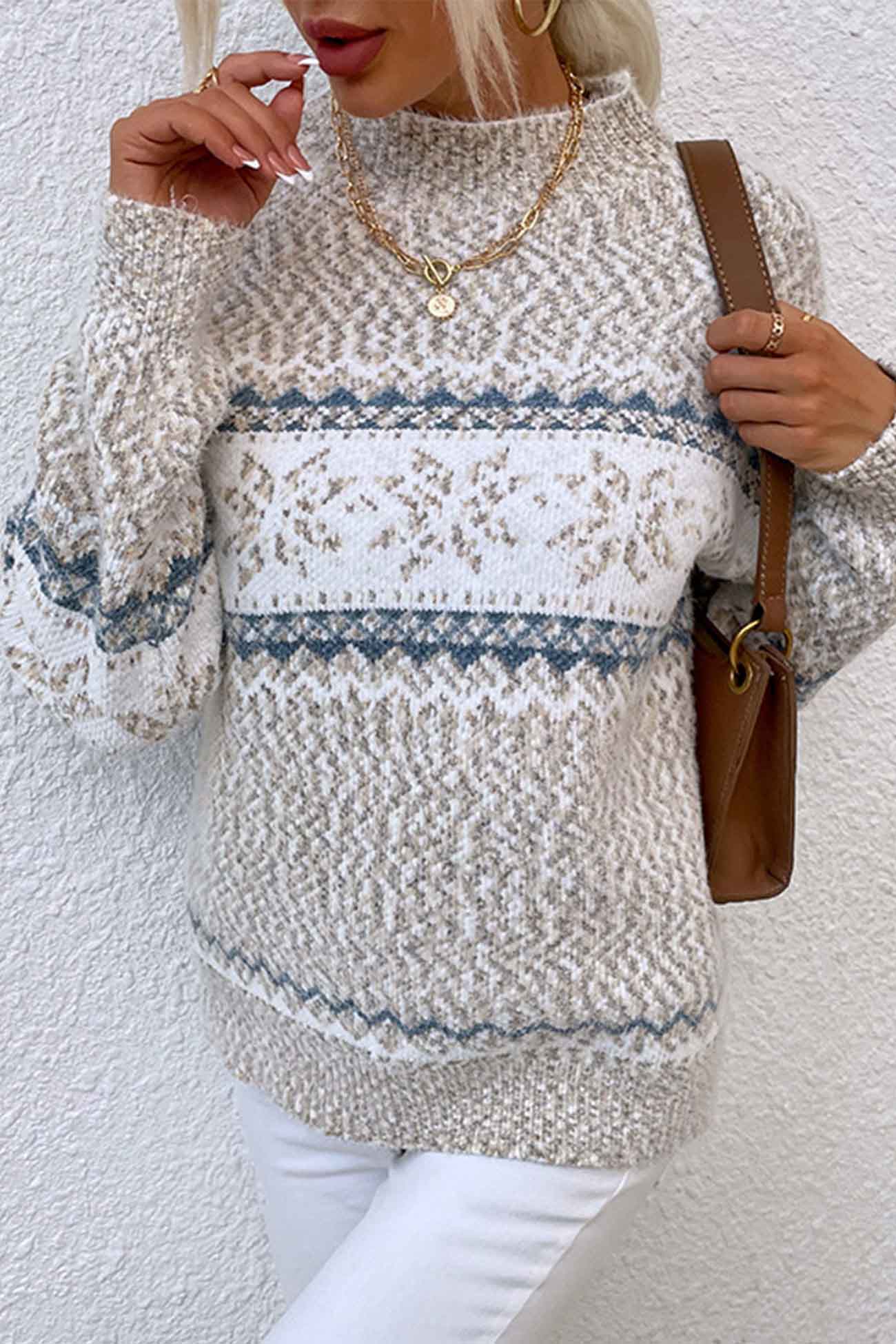 Contrast Mock Neck Snowflake Sweater