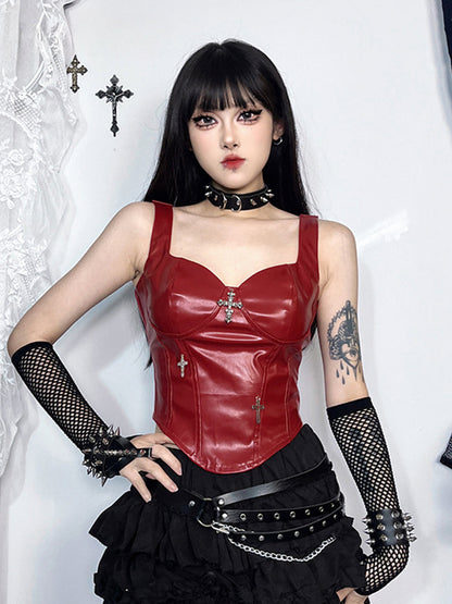 Gothic Grunge Crop Cross Leather Corset Punk Top