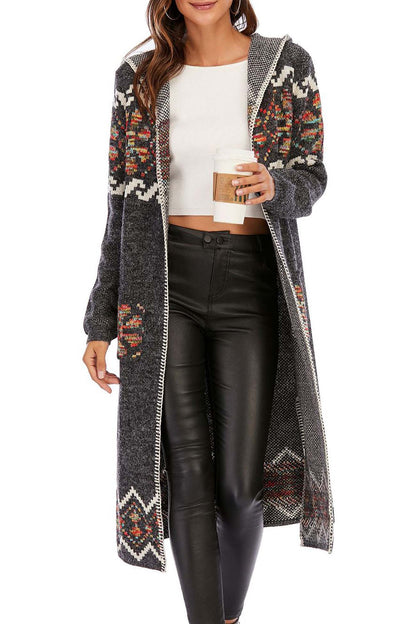 Floral Hooded Slit Long Cardigan