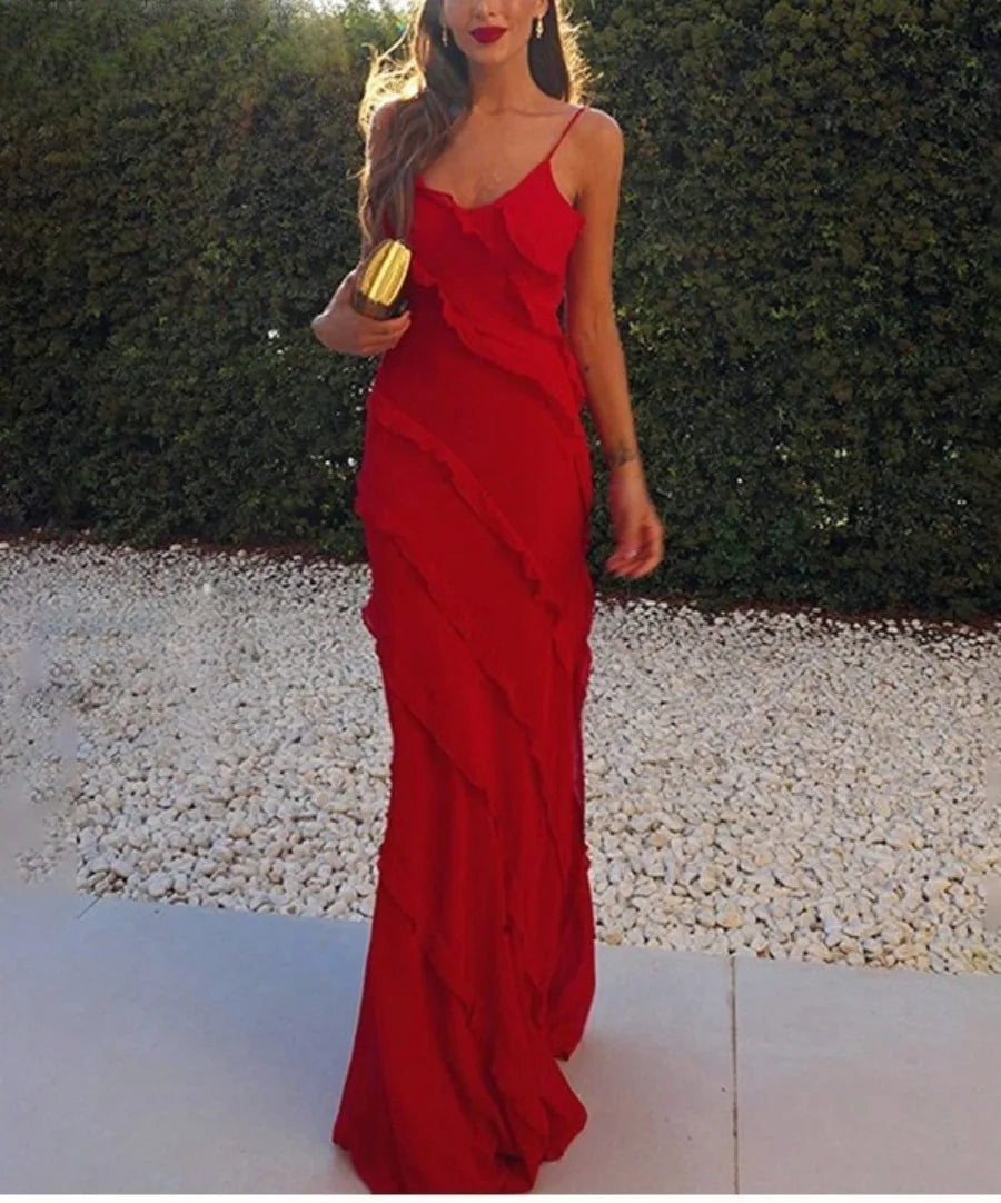 Ruffles Chiffon Backless Split Maxi Red Christmas Party Dress