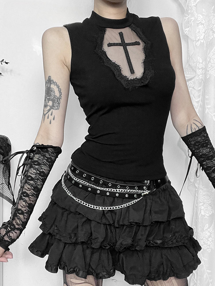 Gothic Crop See Dark Grunge Through Patchwork Mesh Alternative Cross Top