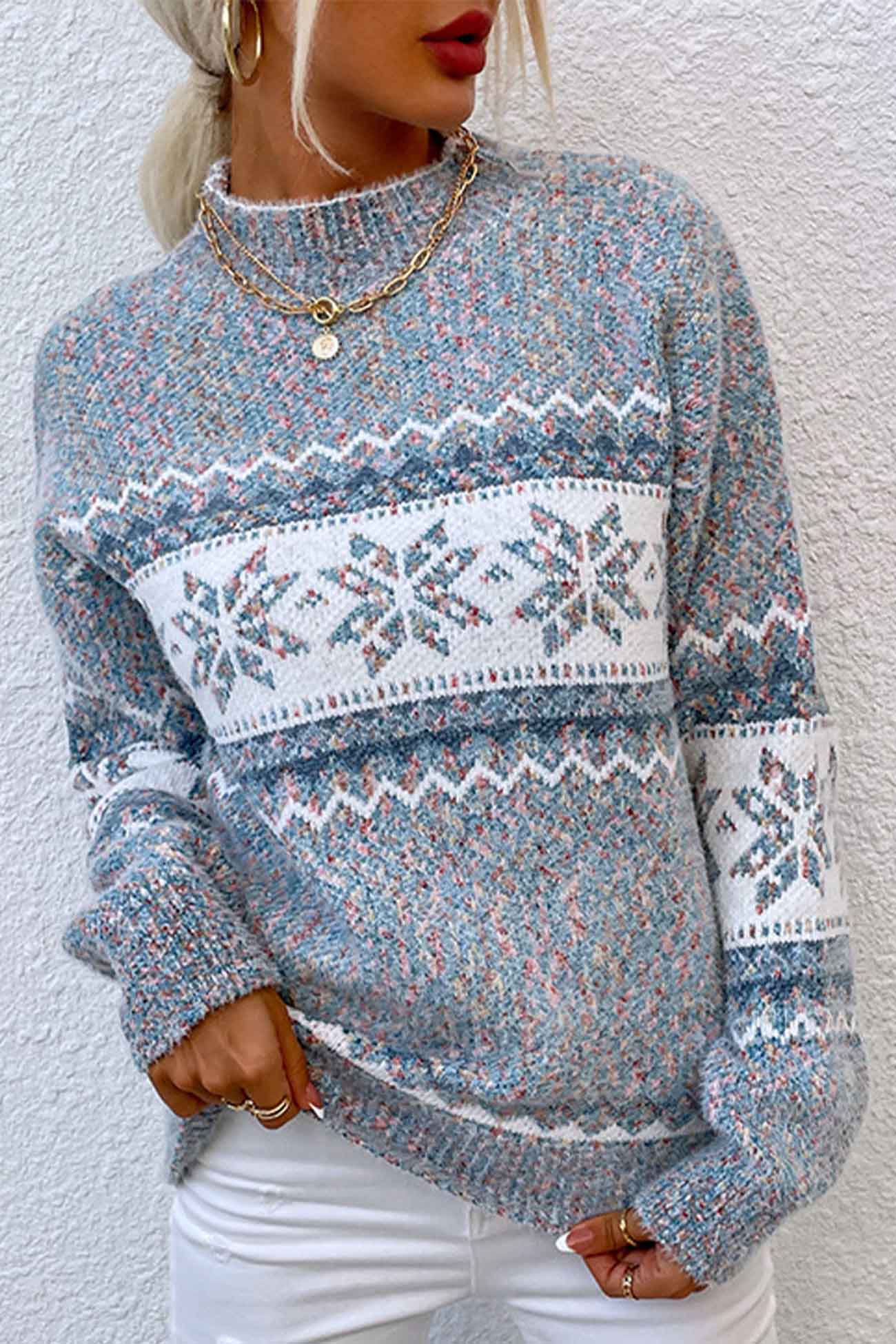Contrast Mock Neck Snowflake Sweater