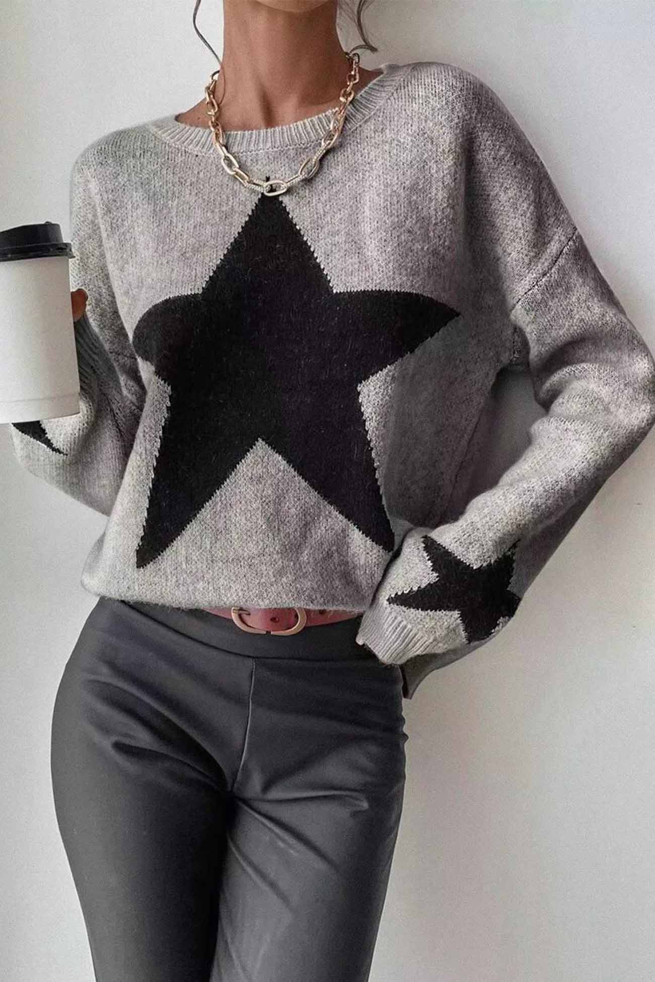 Crew Neck Star Long Sleeve Knitted Sweater