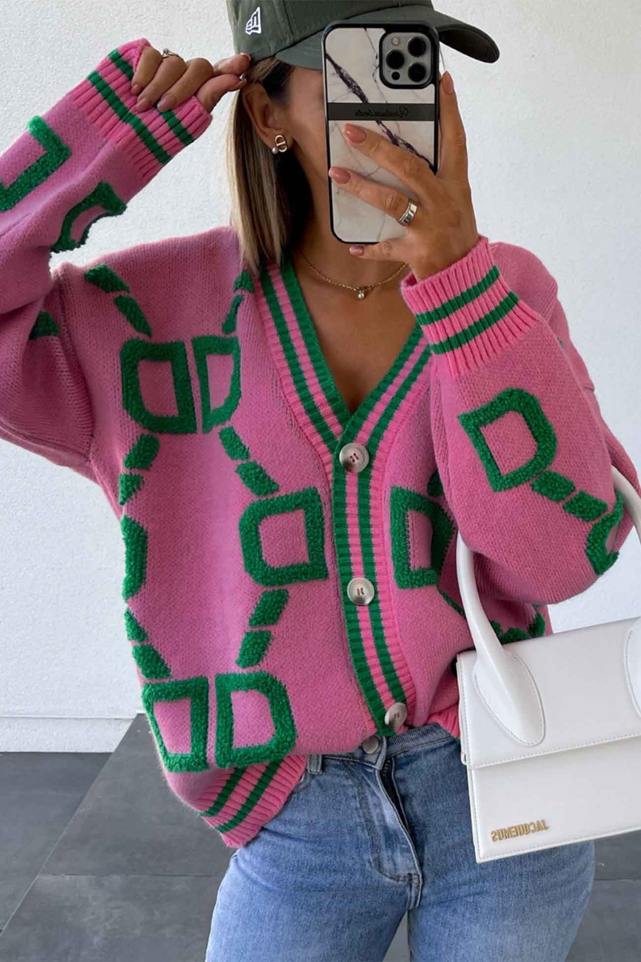 Contrast Letter Long Sleeve Knitted Cardigan