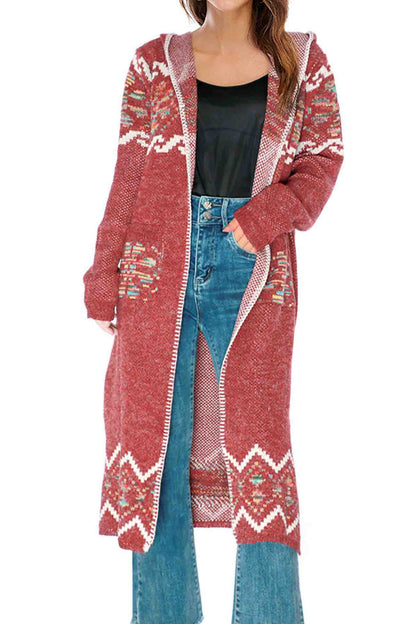 Floral Hooded Slit Long Cardigan