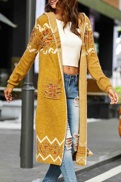 Floral Hooded Slit Long Cardigan