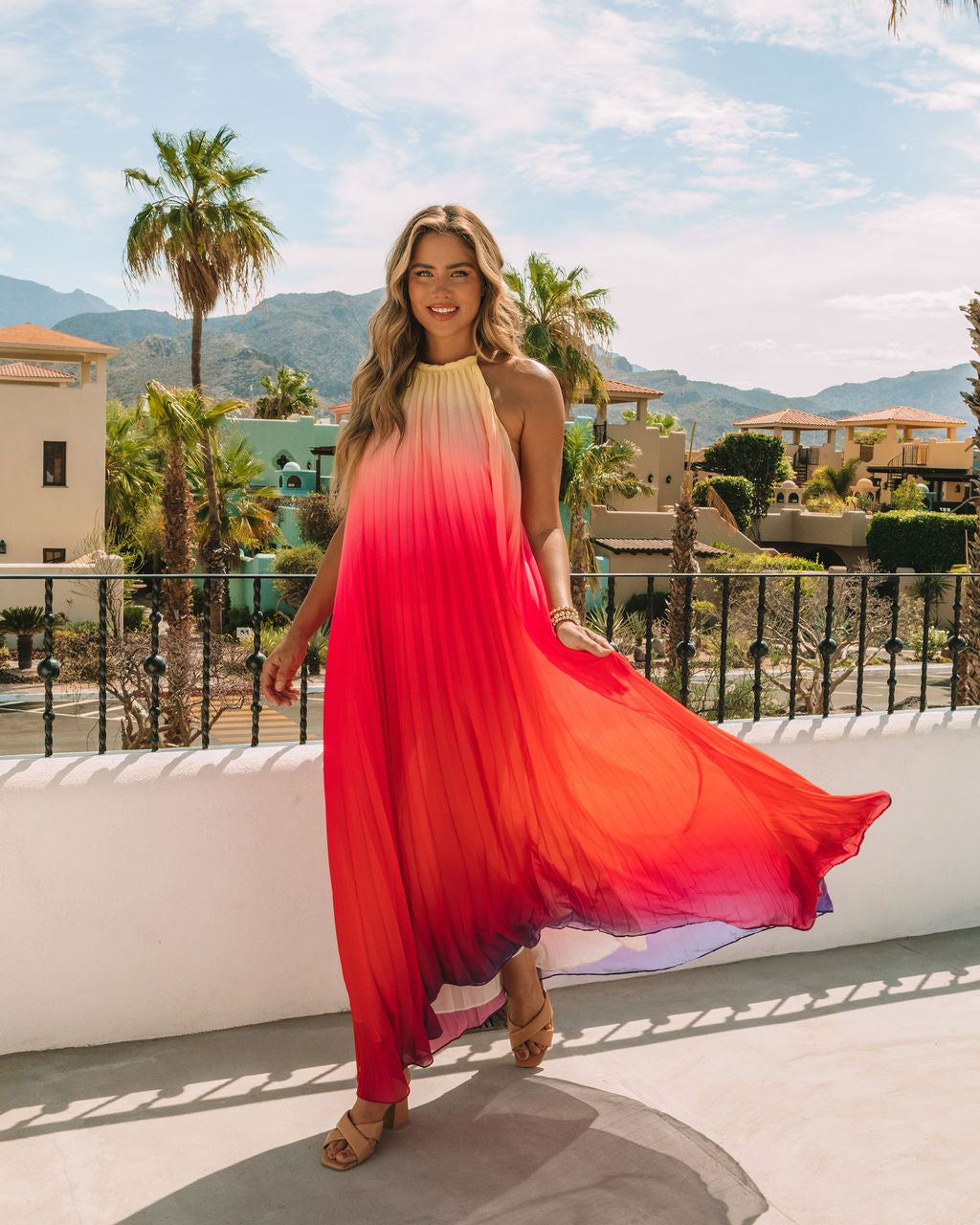 Mykonos Pleated Ombre Halter Maxi Dress - Pink Red