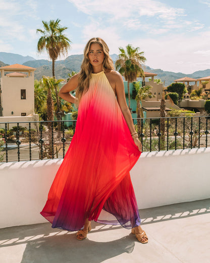 Mykonos Pleated Ombre Halter Maxi Dress - Pink Red