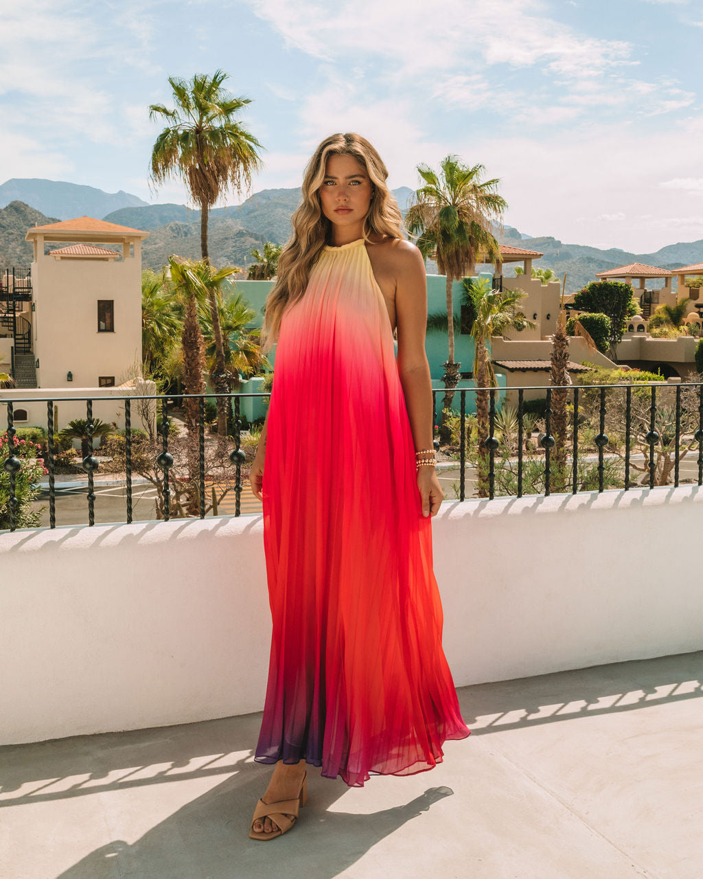 Mykonos Pleated Ombre Halter Maxi Dress - Pink Red