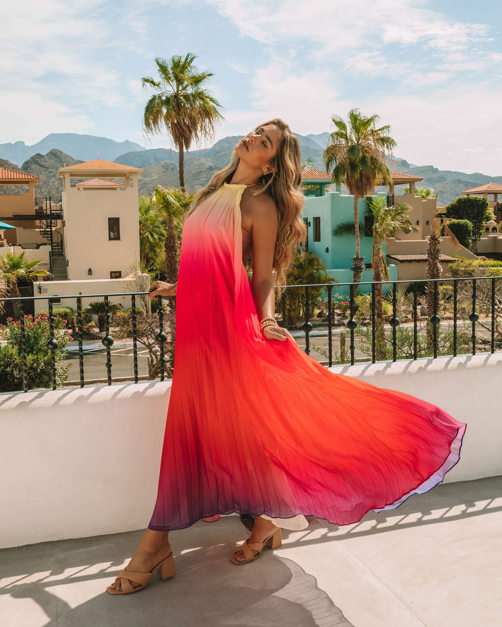 Mykonos Pleated Ombre Halter Maxi Dress - Pink Red