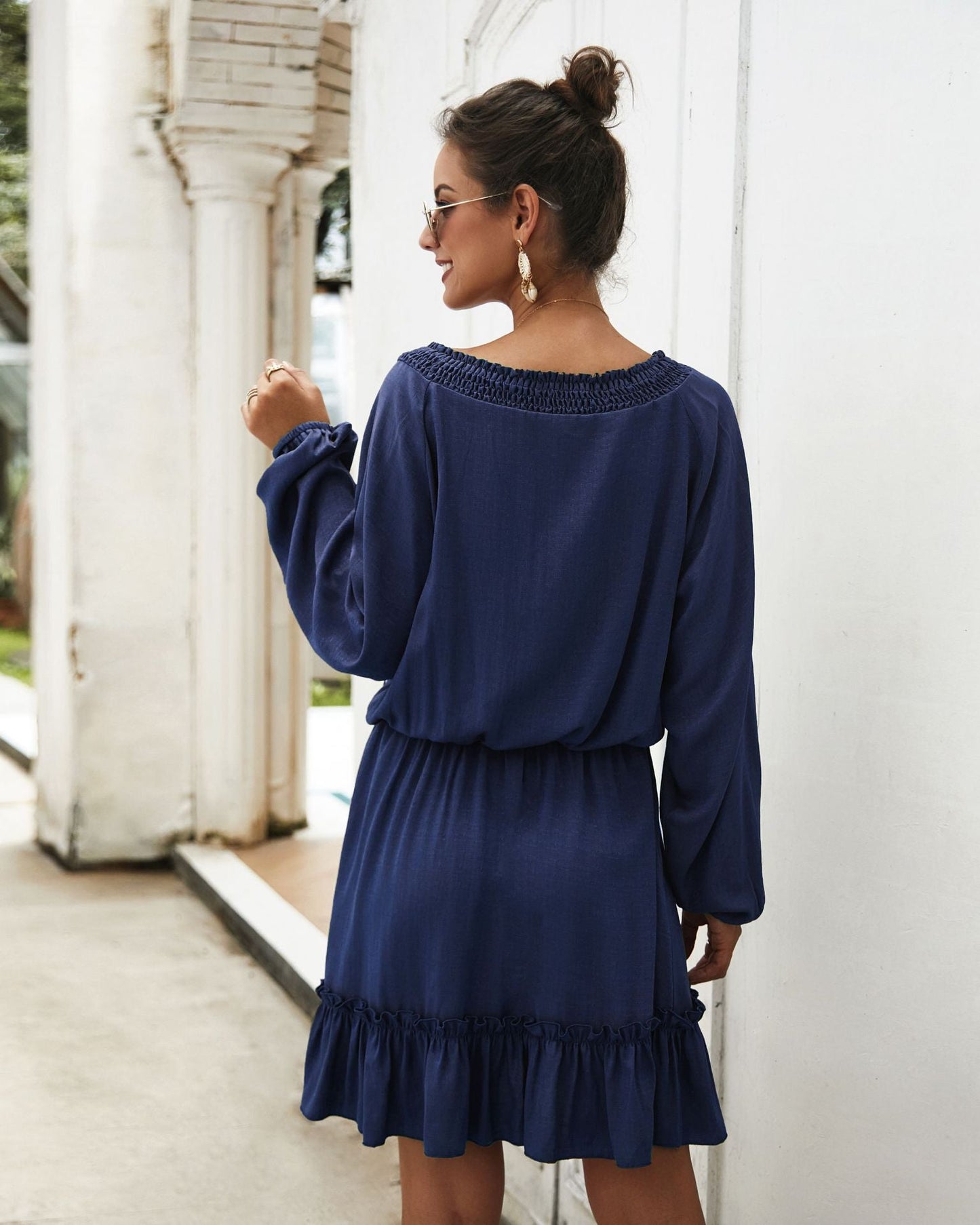 Paros Textured Satin Balloon Sleeve Dress - Navy