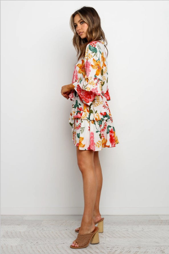 Once And Floral Satin Rope Tie Ruffle Dress