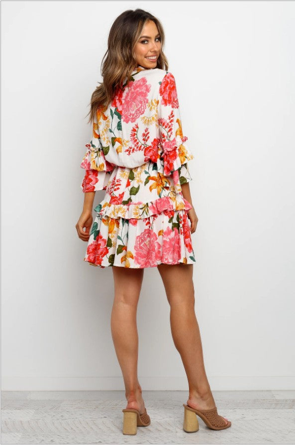 Once And Floral Satin Rope Tie Ruffle Dress