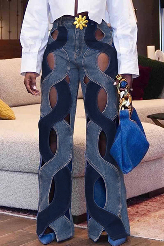 KittenAlarm - Street Solid Hollowed Out High Waist Straight Denim Jeans