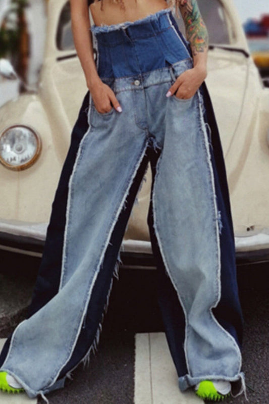 KittenAlarm - Casual Patchwork Contrast High Waist Denim Jeans