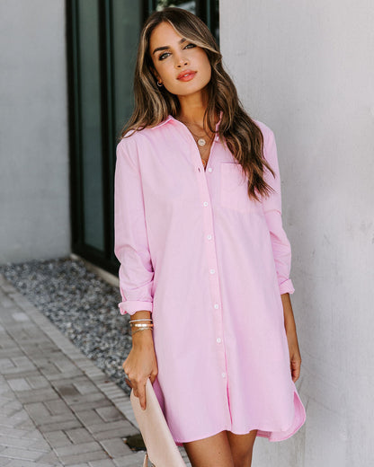 Risky Business Pocketed Button Down Shirt Dress - Pink