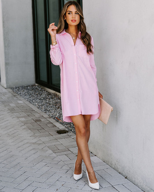 Risky Business Pocketed Button Down Shirt Dress - Pink