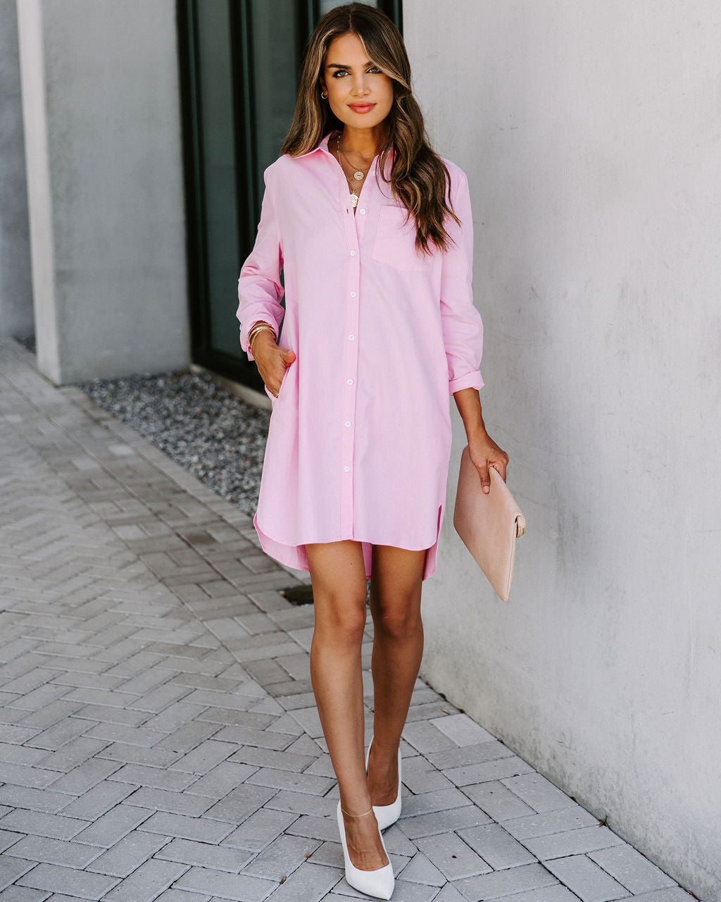 Risky Business Pocketed Button Down Shirt Dress - Pink