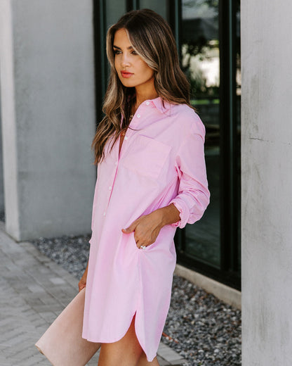 Risky Business Pocketed Button Down Shirt Dress - Pink