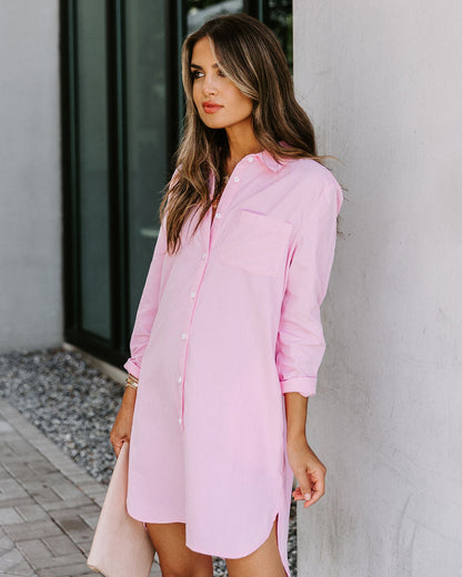 Risky Business Pocketed Button Down Shirt Dress - Pink