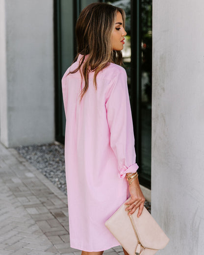 Risky Business Pocketed Button Down Shirt Dress - Pink